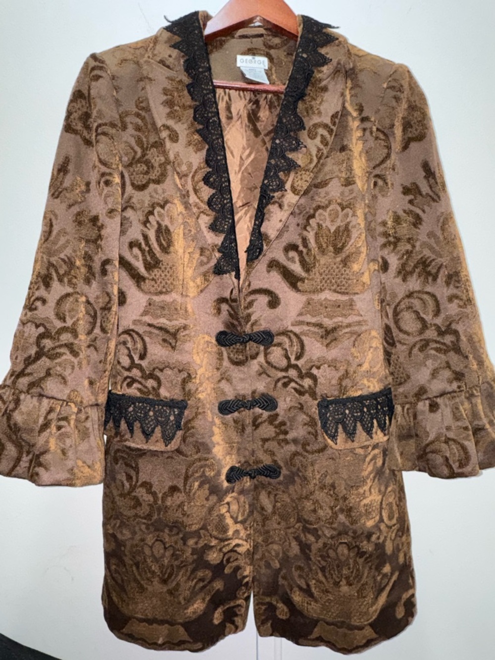 RARE Vintage George brown gold brocade jacket coat lace trim Mandarin closure